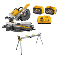 DCS727Y2 DeWALT FLEXVOLT 54V skersinio pjovimo staklės + DE7023 stovas (2x12.0 Ah)