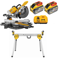DCS727X2 DeWALT FLEXVOLT 54V skersinio pjovimo staklės + DE7033 kompaktiškas stalas (2x9.0 Ah)