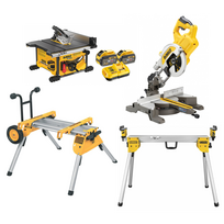 DCS7485X2 DeWALT FLEXVOLT 54V 9.0 Ah išilginio pjovimo staklės + DCS777N FLEXVOLT 54V skersinio pjovimo staklės + stalai
