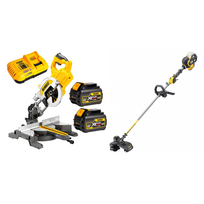 DCS777T2 DeWALT FLEXVOLT 54V skersinio pjovimo staklės (216 mm) + DCM571N 54V trimeris