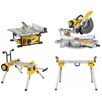 DWE7492 DeWALT išilginio pjovimo staklės + DE7400 stovas + DWS727 skersinio pjovimo staklės + DE7033 stalas