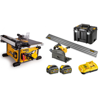 DeWALT DCS7485N FLEXVOLT 54V išilginio pjovimo staklės + DCS520T2R 54V įleidžiamas diskinis pjūklas su liniuote