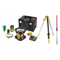 DCE079D1G DeWALT akumuliatorinis rotacinis nivelyras + DE0736 lazerio skalės strypas + stovas