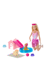 Barbie - Puppy Pool Party Playset With Doll, Pool, Doghouse & Slide, 2 Pet Figures & 6 Accessories - Lėlė - Rožinė