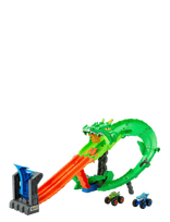 Hot Wheels - Monster Trucks Sharks Vs. Dinos Dragon Destruction Playset & 2 Toy Trucks - Lenktynių trasos - Marga / raštuota