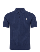 Polo Ralph Lauren - Cable-Knit Cotton Polo-Collar Sweater - Megzti polo marškinėliai trumpomis rankovėmis - Tamsiai mėlyna
