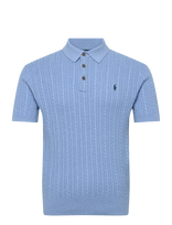 Polo Ralph Lauren - Cable-Knit Cotton Polo-Collar Sweater - Megzti polo marškinėliai trumpomis rankovėmis - Mėlyna