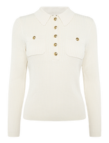 Lauren Ralph Lauren - Rib-Knit Long-Sleeve Polo Sweater - Marškinėliai ilgomis rankovėmis - Kreminė spalva