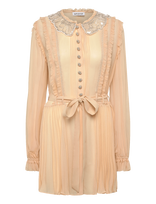 Self Portrait - Tan Pleated Georgette Mini Dress - Trumpa suknelė - Smėlio