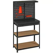 HOMCOM Dirbtuvių stalas 80 x 40,5 x 155 cm, su perforuota sienele, kabliukais, stalčiumi, 2 lentynomis, juodas