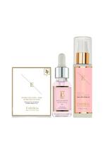 ERTH SKIN LONDON EGF ląstelių efekto serumas (60 ml), rožių žiedų veido aliejus (30 ml), kolageno ir rožių hidrogeliniai paakių padeliai (5 vnt.)