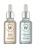 WARDA LUXURY SKINCARE Hialurono rūgšties drėkinamasis aliejinis serumas (30 ml), stangrinamasis aliejinis serumas su kolagenu (30 ml)