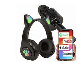 ausinės su šviečiančiomis katytės ausimis ir karaoke vakarėlio mikrofonas, juodos spalvos