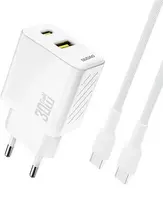 Dudao A27TCEU PD 30W GaN USB-A USB-C sieninis įkroviklis su USB-C kabeliu – Baltas