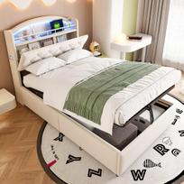 Vaikiška polsterinė lova 90x200 cm, LED, USB, stalčiai, samtas, smėlio spalvos