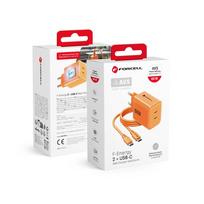 Telefono kroviklis Forcell F-Energy GaN III Crystal Color 2x USB C AVS SSFC2.0 60W + silikoninė USB C į USB C VT-60 kabelis oranžinė