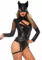 Villainess Vixen Bodysuit Set with Cat Mask - Black Wetlook, M