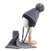 Šiltas vaikiškas kepuraitės šaliko rinkinys žieminis storas megztas dirbtinio kailio pompom Beanie berniukų megztų vaikiškų kepurių kūdikių rinkinys 45-52CM mėlyna