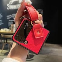 Pu Leather Pearl Wrist Strap Bracket Phone Covers For Samsung Galaxy Z Flip 4 Case For Galaxy Z Flip 4 raudona