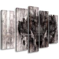 Five piece picture canvas print Wolf Forest Retro 100x70 pilka spalva