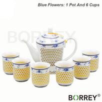 BORREY keramikos grūdelių porcelianinis arbatos rinkinys 1 puodelis 6 puodeliai dovanų dėžutėje Ling Long Devil's Work Gėlėtas Kung Fu arbatinukas Puer Oolong arbatos virdulys Blue Set(7pcs) white