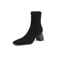 Krazing Pot Flock Winter Square Toe Thick High Heels Zipper Stretch Boots Stovepipe Women Ankle Boots 34 juoda