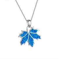 White Blue Fire Opal Pendants Maple Leaf Necklaces For Women Wedding Jewelry Vintage Fashion 925 Sterling Silver Chain Necklace 45cm