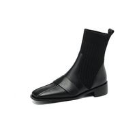 Krazing Pot Cow Leather Winter Square Toe Med Heels Chelsea Boots Women Slip on Knitwear Elastic Ankle Boots 34 juoda