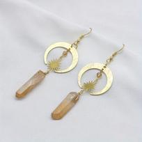 Silvery Sun Moon Design With Natural Stone Decor Dangle Earrings Bohemian Style Alloy Jewelry Female Gift beige