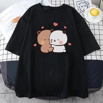 Panda Bear Bubu and Dudu Cute T Shirt Oversized EU Size 100% Cotton Women Tops Cartoon Print Pink Tees O-Neck Anime Korean Style Unisex T-shirt L