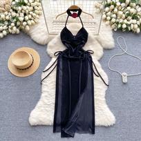 2024 Halter Sexy Velvet One Piece Dress Women V Neck Backless Lace Up Slim Fit Dresses Female Fashion Split Long Elegant Evening Party Dress L juoda