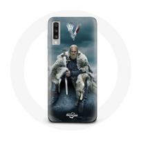 Coque pour Samsung Galaxy A70 Vikings Série Saison 6 Ragnar Lothbrok logo V Epée Gris Fond Brouillar pilka