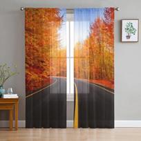Black Road In Autumn Forest Tulle Window Curtain For Living Room Bedroom Voile Sheer Curtains Kitchen Treatments Drapes 135W x 114H(cm) orange