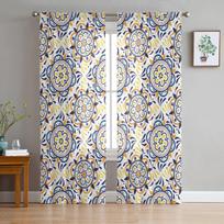 Classic Retro Tile Pattern Window Curtain for Living Room Home decor Tulle Voile Curtain for Kitchen Bedroom Window 135W x 114H(cm)