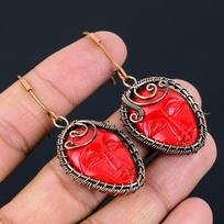 Natural Red Cameo Face Gemstone Handmade Copper Wire Wrap Earring 2.28 K2O82