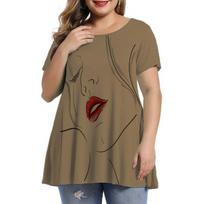 Women T Shirt Abstract Face Dandelion Print Big Yards Tops Light Loose 2022 Summer New Short Sleeve Ladies Street Hipster Tee 8XL beige