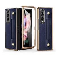 Priekinis grūdinto stiklo plėvelės sulankstomas dėklas, skirtas Samsung Galaxy Z Fold 4 sulankstomas 3 sulankstomas 4 sulankstomas 2 sulankstomas 3 2 neslystantis apyrankės odinis dangtelis for Samsung Z Fold 4 gray
