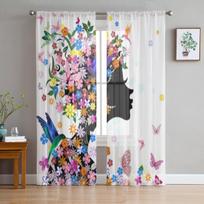 Girl Butterfly Flower Sheer Curtains for Living Room Transparent Tulle Window Treatments Bedroom Kitchen Home Decor Veil Drapes 135W x 114H(cm) gray