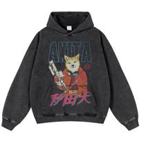 Streetwear Japanses Akitas Graphic Washed Black Oversized Unisex Long Sleeve Hoodie S juoda