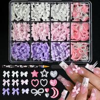 Kawaii Colorful Mixed Resin Rhinestone Nail Art Charms Bowknot Pearls Kit DIY Manicure Decorations Box With Wax Pen Tweezers white