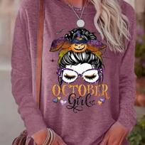 Tops For Women Halloween Girl Avatar Print Round Neck Long Sleeve T-shirt Fall Casual Slim Pullover Women's Long Sleeve Top 8XL geltona
