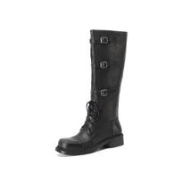 Krazing Pot Cow Skin Square Toe Winter Med Heels Riding Boots Metal Buckle Punk Design Women Vintage Square Buckle Thigh High Boots 34 juoda