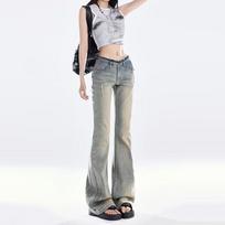 Raw Edge Flared Jeans for Women Spring Autumn Retro Slim Fit Low Waist Denim Pants Y2k Fashion Female Clothing Plus Size S