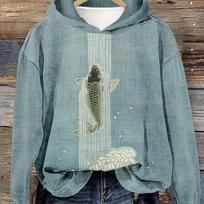 Upstream Koi Japanese Art Print Long Sleeve Hoodie Womens Regular Fit Pullover Sweatshirt with Random Animal Pattern S
