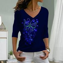 Long Tailed Butterfly Print Women Tshirts Ladies Tops Long Sleeve V-neck Pullover Femme T-shirts T Shirt For Women 8XL gray