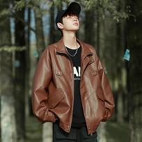 Autumn new leather jacket men's Hong Kong style loose casual sports jacket solid color lapel top men's trend M