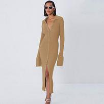 Knit Dress Women Flip Collar Flare Sleeve Long Sweater Sexy Slim Single Breasted Buckle Solid Color Base Shirt Temperament Commut Fashion Fall Winter S chaki