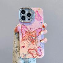 Invisible lens bracket Phone Case For iPhone 15 Pro Max 11 12 13 Pro Max 15Plus 12pro 14pro Fashion Colorful flowers butterfly Pattern Back Cover for iphone 11 rožinė