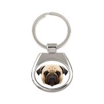 Mopsas - geometrinis raktų pakabukas su nuotrauka ir užrašu Art-Dog balta