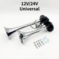 150DB Air Horn Car Horn Double 12V/24V Air Pump Tube Zinc Alloy Large Truck and Bus Horn Air Horn Train Horn Silver Plating 12V24V Universal